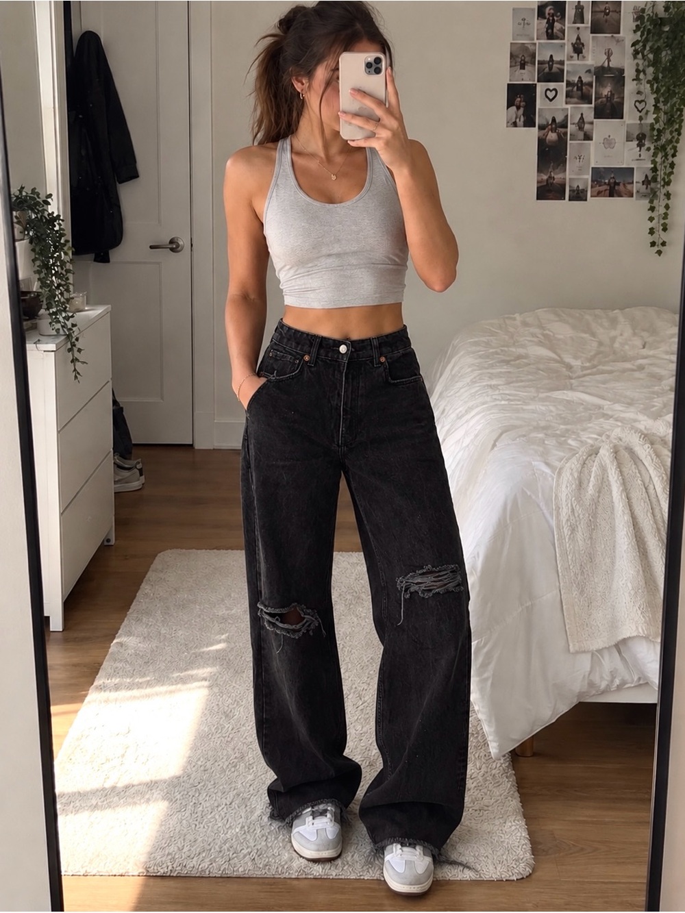 Zara Black Distressed High Rise Wide Leg Jeans Size 4